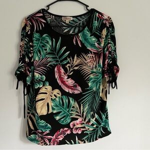 Lavish Tropical Leaf Print Ruche Sleeve Blouse